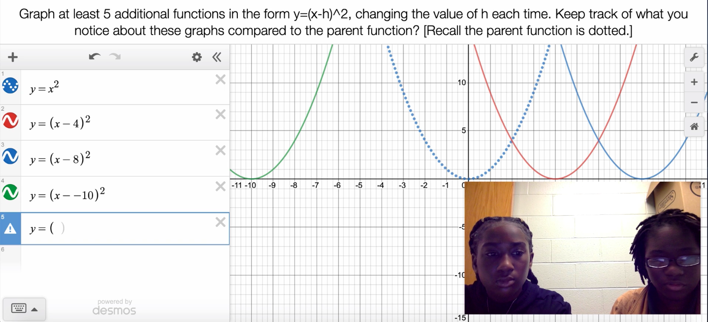 Two students working with quadratic functions in Desmos